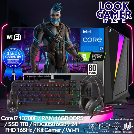 LOOK GAMER Core i7-13700F "E", RAM 16GB DDR5, SSD 1TB, Video GTX1650 4GB, Wi-Fi, Monitor 24″ FHD 165Hz, Kit Gamer.