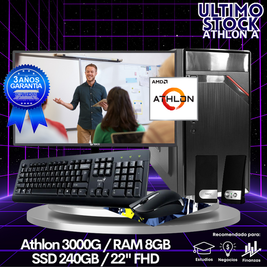 Ultimo Stock: Desktop Athlon "A", RAM 8GB, SSD 240GB, Monitor 22″ FHD, Kit Teclado + Mouse, Parlantes.