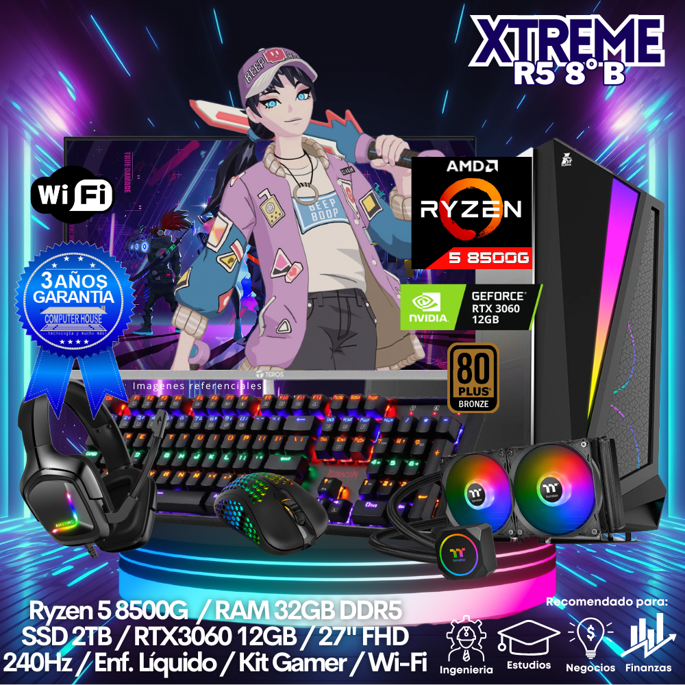 XTREME Ryzen 5-8600G "B", RAM 32GB DDR5, SSD 2TB, Video RTX3060 12GB, Wi-Fi, Enfriamiento Líquido, Monitor 27″ FHD 240Hz, Kit Gamer.