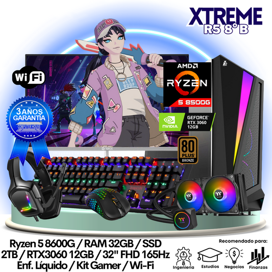 XTREME Ryzen 5-8600G "B", RAM 32GB, SSD 2TB, Video RTX3060 12GB, Wi-Fi, Enfriamiento Líquido, Monitor 32″ FHD 165Hz + Kit Gamer.