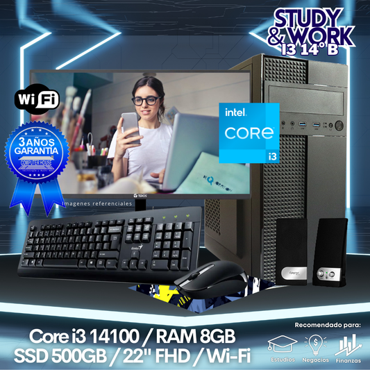 Desktop Core i3-14100 "B", RAM 8GB DDR5, SSD 500GB, Wi-Fi, Monitor 22″ FHD, Kit Teclado + Mouse, Parlantes o Audífono.