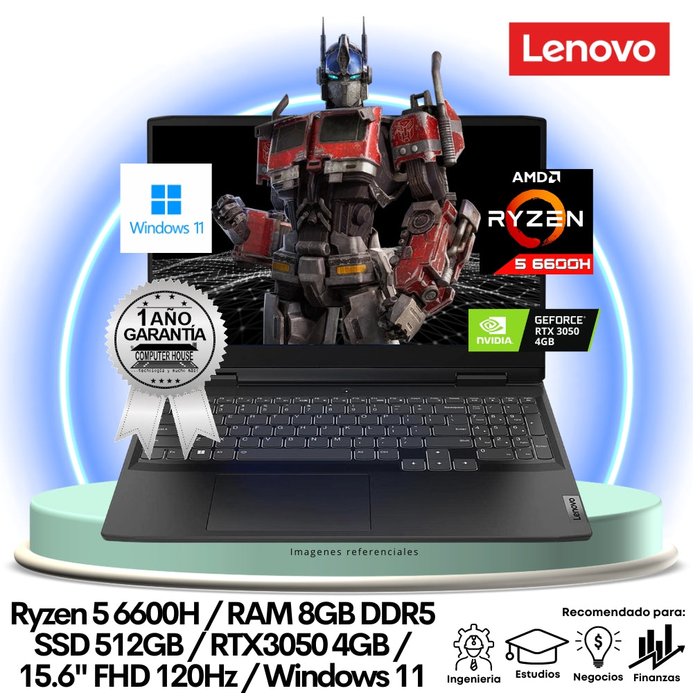 Laptop LENOVO IdeaPad Gaming, Ryzen 5-6600H, RAM 8GB DDR5, SSD 512GB, 15.6" FHD 120Hz, Video RTX3050 4GB, Windows 11.