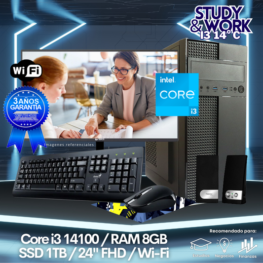 Desktop Core i3-14100 "C", RAM 8GB DDR5, SSD 1TB, Wi-Fi, Monitor 24″ FHD, Kit Teclado + Mouse, Parlantes o Audífono.