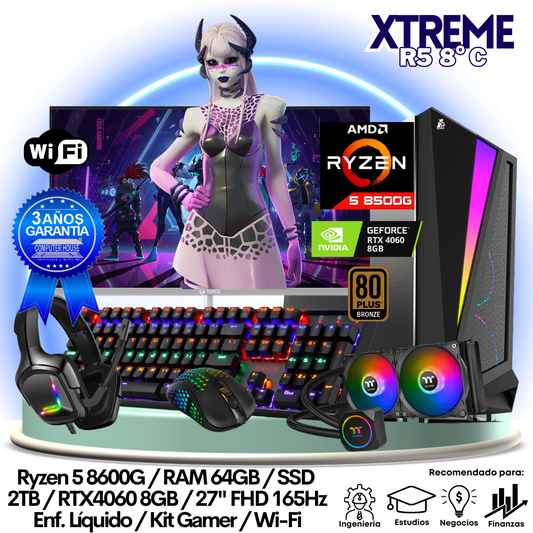 XTREME Ryzen 5-8600G "C", RAM 64GB, SSD 2TB, Video RTX4060 8GB, Wi-Fi, Enfriamiento Líquido, Monitor 27″ FHD 165Hz + Kit Gamer.