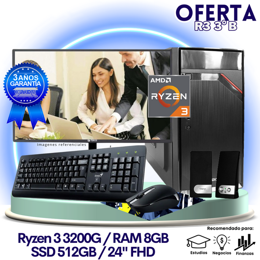 OFERTA TRABAJO & ESTUDIOS: Ryzen 3-3200G "B", RAM 8GB, SSD 512GB, Monitor 23.8″ FHD, Teclado + Mouse + Parlantes.