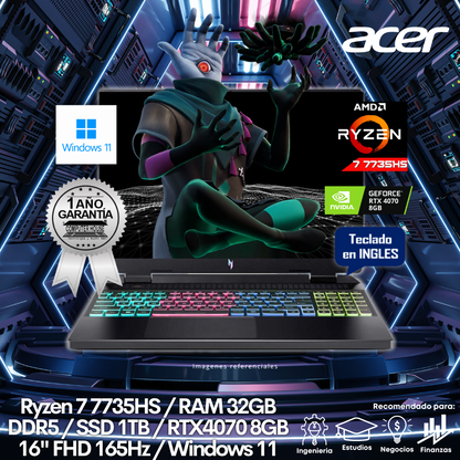 Laptop ACER Nitro 17, Ryzen 7-7735HS, RAM 32GB DDR5, SSD 1TB, Video RTX4070 8GB, 16″ FHD 165Hz, Teclado en Inglés, Windows 11.