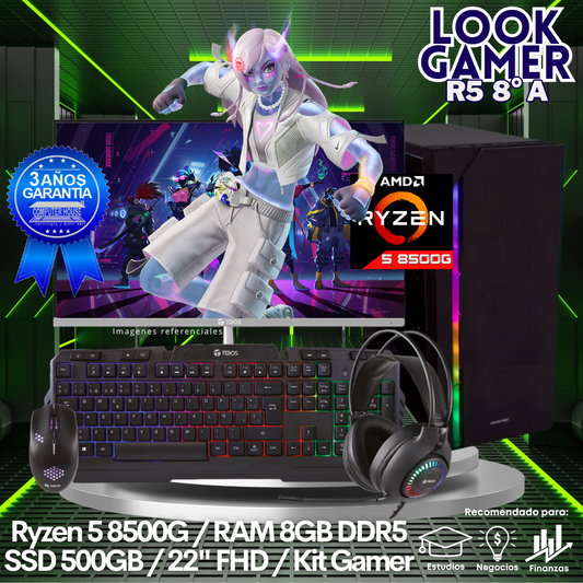 LOOK GAMER Ryzen 5-8500G "A", RAM 8GB DDR5, SSD 500GB, Monitor 22″ FHD, Kit Gamer.