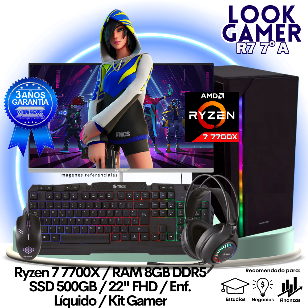 LOOK GAMER Ryzen 7-7700X "A", RAM 8GB DDR5, SSD 500GB, Enfriamiento Líquido, Monitor 22″ FHD, Kit Gamer.