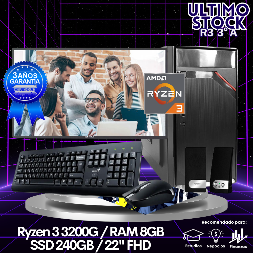 Ultimo Stock: Desktop Ryzen 3-3200G "A", RAM 8GB, SSD 240GB, Monitor 22″ FHD, Kit Teclado + Mouse, Parlantes.