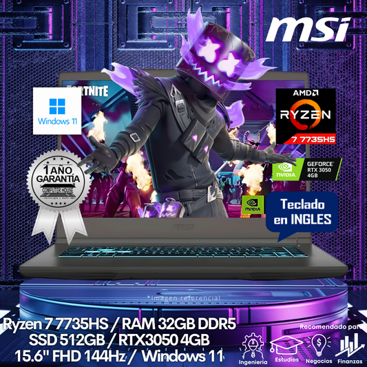 Laptop MSI Thin A15, Ryzen 7-7735HS, RAM 32GB DDR5, SSD 512GB, Video RTX 3050 4GB, 15.6" FHD 144Hz, Teclado en Inglés, Windows 11.