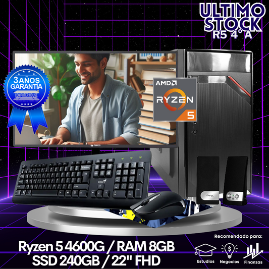 Ultimo Stock: Desktop Ryzen 5 4600G "A", RAM 8GB, SSD 240GB, Monitor 22″ FHD, Kit Teclado + Mouse, Parlantes.