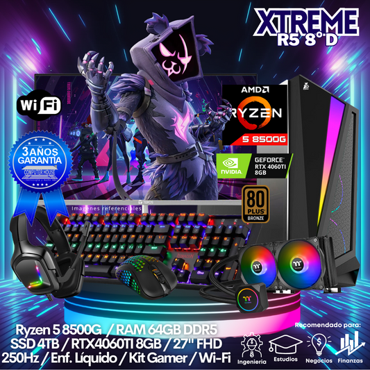 XTREME Ryzen 5-8600G "D", RAM 64GB DDR5, SSD 4TB, Video RTX4060TI 8GB, Wi-Fi, Enfriamiento Líquido, Monitor 27″ FHD 250Hz, Kit Gamer.