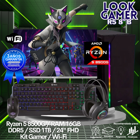 LOOK GAMER Ryzen 5-8500G "B", RAM 16GB DDR5, SSD 1TB, Wi-Fi, Monitor 24″ FHD, Kit Gamer.