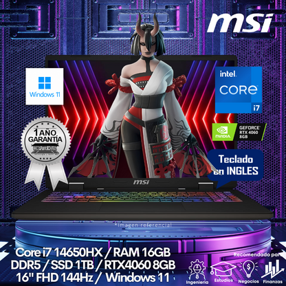 Laptop MSI Sword 16 HX, Core i7-14650HX, RAM 16GB DDR5, SSD 1TB, Video RTX4060 8GB, 16" FHD 144Hz, Teclado en Inglés, Windows 11.