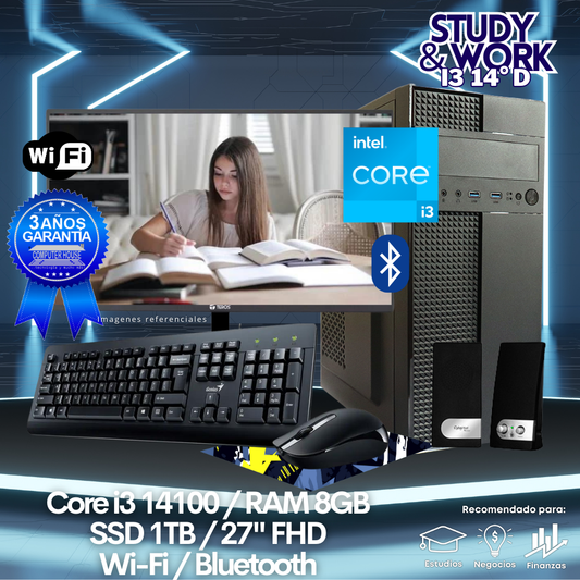 Desktop Core i3-14100 "D", RAM 8GB DDR5, SSD 1TB, Wi-Fi, Bluetooth, Monitor 27″ FHD, Kit Teclado + Mouse, Parlantes o Audífono.