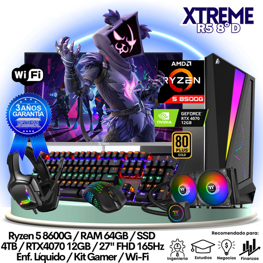 XTREME Ryzen 5-8600G "D", RAM 64GB, SSD 4TB, Video RTX4070 12GB, Wi-Fi, Enfriamiento Líquido, Monitor 27″ FHD 165Hz, Kit Gamer.