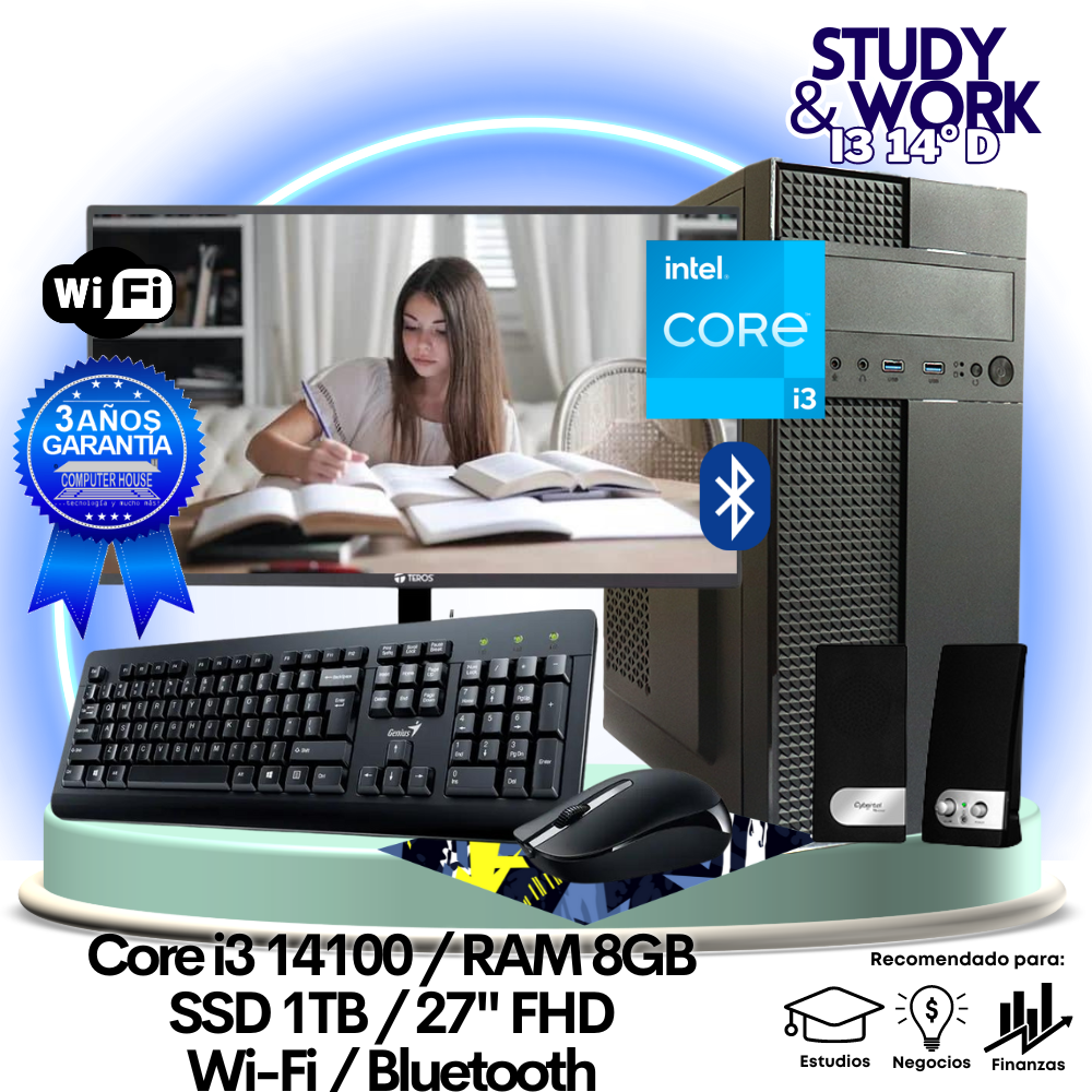 Desktop Core i3-14100 "D", RAM 8GB DDR5, SSD 1TB, Wi-Fi, Bluetooth, Monitor 27″ FHD, Teclado + Mouse + Parlantes o Audífono.