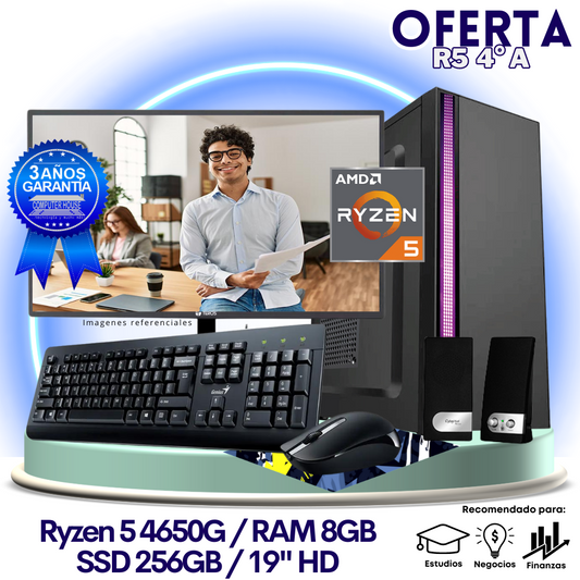 OFERTA TRABAJO & ESTUDIOS: Ryzen 5-4650G "A", RAM 8GB, SSD 256GB, Monitor 19″ HD, Teclado + Mouse + Parlantes.