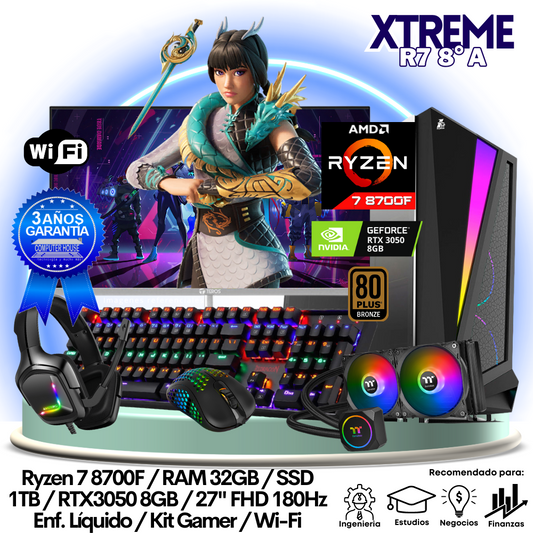XTREME Ryzen 7-8700F "A", RAM 32GB, SSD 1TB, Video RTX3050 8GB, Wi-Fi, Enfriamiento Líquido, Monitor 27″ FHD 180Hz + Kit Gamer.
