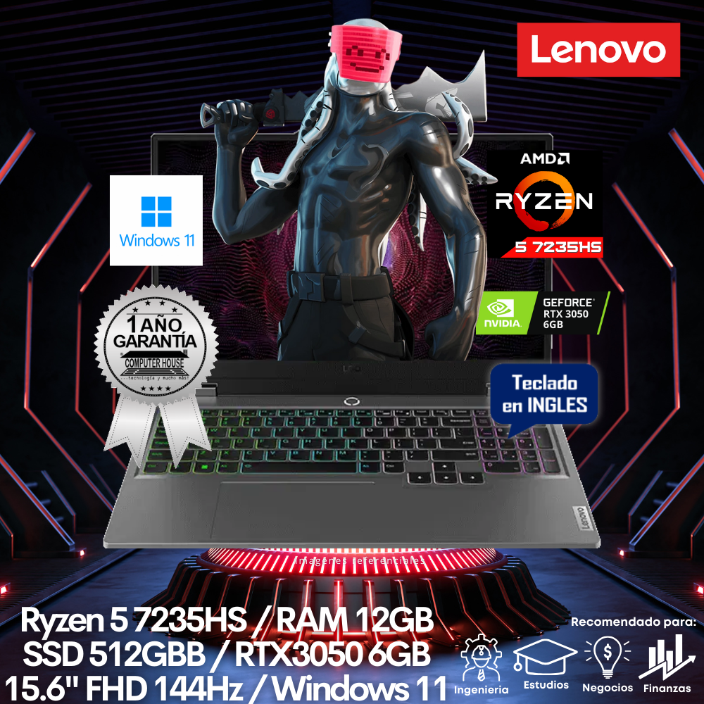 Laptop LENOVO LOQ, Ryzen 5-7235HS, RAM 12GB DDR5, SSD 512GB, Video RTX3050 8GB, 15.6" FHD 144Hz, Teclado en Inglés, Windows 11.