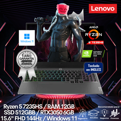 Laptop LENOVO LOQ, Ryzen 5-7235HS, RAM 12GB DDR5, SSD 512GB, Video RTX3050 8GB, 15.6" FHD 144Hz, Teclado en Inglés, Windows 11.