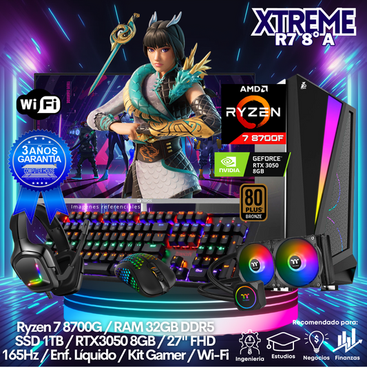 XTREME Ryzen 7-8700F "A", RAM 32GB DDR5, SSD 1TB, Video RTX3050 8GB, Wi-Fi, Enfriamiento Líquido, Monitor 27″ FHD 165Hz, Kit Gamer.