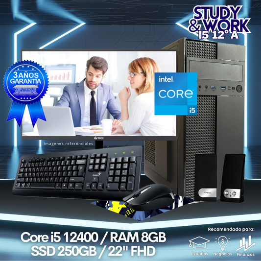 Desktop Core i5-12400 "A", RAM 8GB, SSD 250GB, Monitor 22″ FHD, Kit Teclado + Mouse, Parlantes o Audífono.