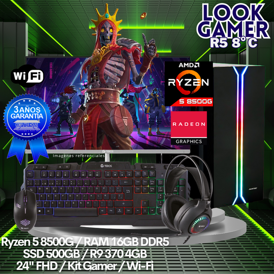 LOOK GAMER Ryzen 5-8500G "C", RAM 16GB DDR5, SSD 500GB, Video R9 370 4GB, Wi-Fi, Monitor 24″ FHD, Kit Gamer.