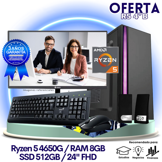OFERTA TRABAJO & ESTUDIOS: Ryzen 5-4650G "B", RAM 8GB, SSD 512GB, Monitor 23.8″ FHD, Teclado + Mouse + Parlantes.