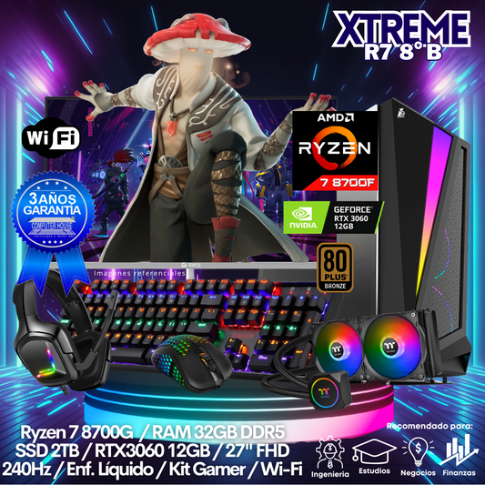 XTREME Ryzen 7-8700F "B", RAM 32GB DDR5, SSD 2TB, Video RTX3060 12GB, Wi-Fi, Enfriamiento Líquido, Monitor 27″ FHD 240Hz, Kit Gamer.