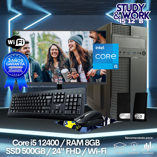 Desktop Core i5-12400 "B", RAM 8GB, SSD 500GB, Wi-Fi, Monitor 24″ FHD, Kit Teclado + Mouse, Parlantes o Audífono.