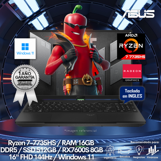 Laptop ASUS Tuf Dash FA617NT, Ryzen 7-7735HS, RAM 16GB DDR5, SSD 512GB, 16" FHD 165Hz, Video RX7700S 8GB, Teclado en Inglés, Windows 11.