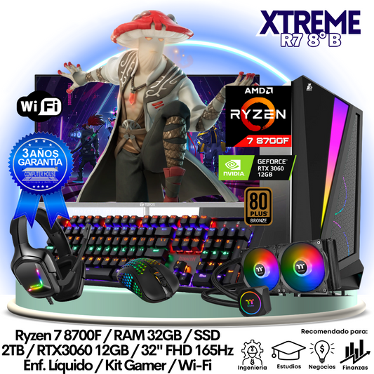 XTREME Ryzen 7-8700F "B", RAM 32GB, SSD 2TB, Video RTX3060 12GB, Wi-Fi, Enfriamiento Líquido, Monitor 32″ FHD 165Hz + Kit Gamer.