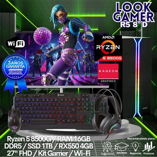 LOOK GAMER Ryzen 5-8500G "D", RAM 16GB DDR5, SSD 1TB, Video RX550 4GB, Wi-Fi, Monitor 27″ FHD, Kit Gamer.