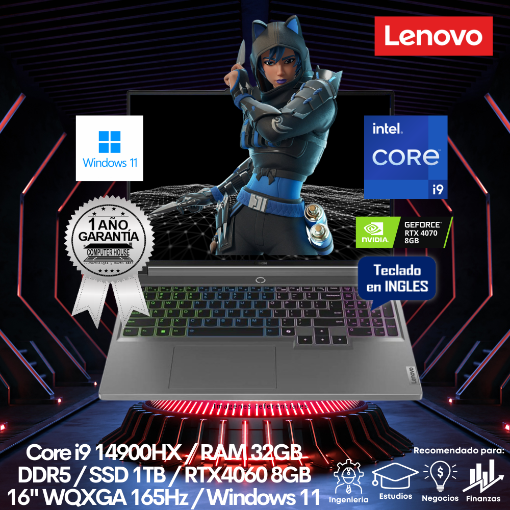 Laptop LENOVO Legion 5, Core i9-14900HX, RAM 32GB DDR5, SSD 1TB, Video RTX4060 8GB, 16" WQXGA 165Hz, Teclado en Inglés, Windows 11.