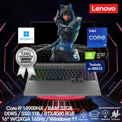 Laptop LENOVO Legion 5, Core i9-14900HX, RAM 32GB DDR5, SSD 1TB, Video RTX4060 8GB, 16" WQXGA 165Hz, Teclado en Inglés, Windows 11.