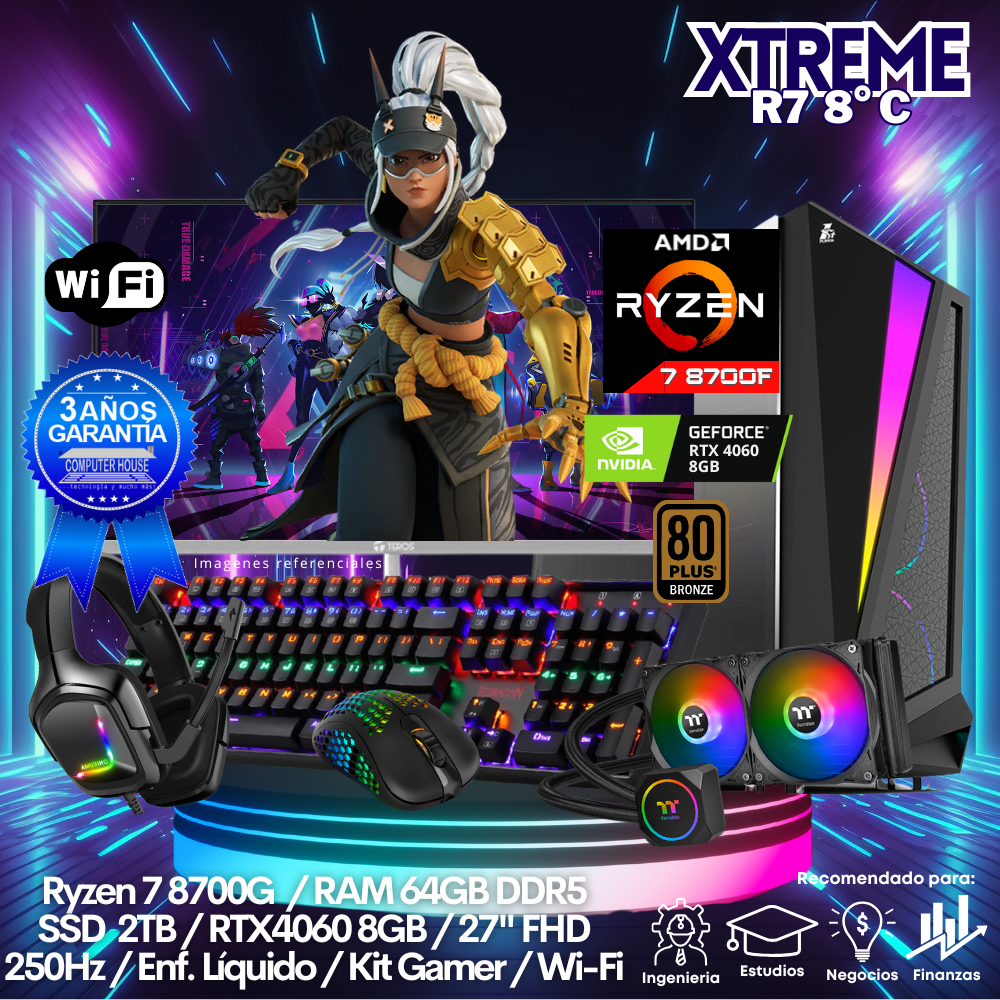 XTREME Ryzen 7-8700F "C", RAM 64GB DDR5, SSD 2TB, Video RTX4060 8GB, Wi-Fi, Enfriamiento Líquido, Monitor 27″ FHD 250Hz, Kit Gamer.