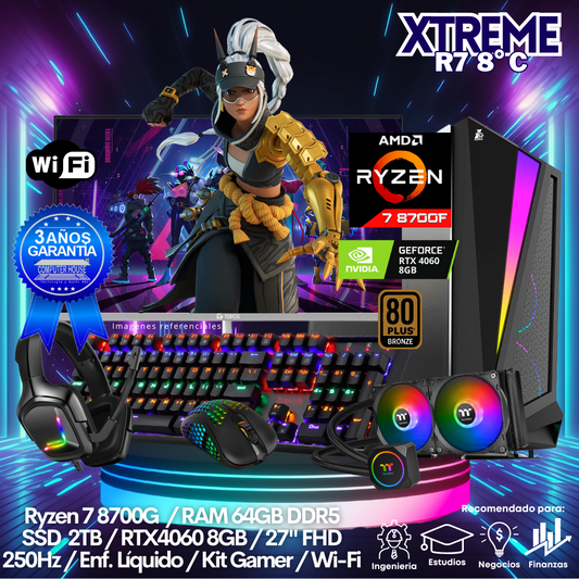 XTREME Ryzen 7-8700F "C", RAM 64GB DDR5, SSD 2TB, Video RTX4060 8GB, Wi-Fi, Enfriamiento Líquido, Monitor 27″ FHD 250Hz, Kit Gamer.