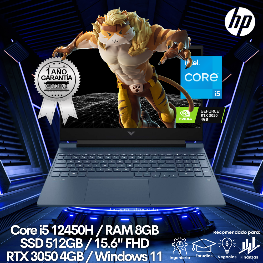 Laptop HP Victus 15-fa0021la, Core i5-12450H, RAM 8GB, SSD 512GB, 15.6" FHD, RTX3050 4GB, Windows 11.