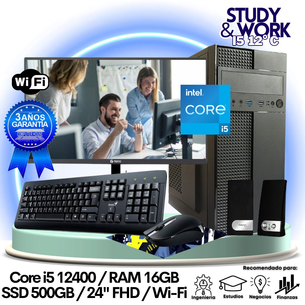 Desktop Core i5-12400 "C", RAM 16GB, SSD 500GB, Wi-Fi, Monitor 24″ FHD, Teclado + Mouse + Parlantes o Audífono.