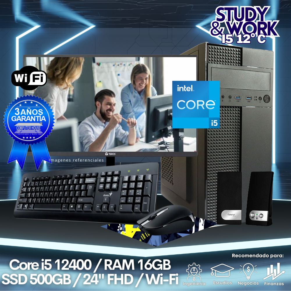 Desktop Core i5-12400 "C", RAM 16GB, SSD 500GB, Wi-Fi, Monitor 24″ FHD, Kit Teclado + Mouse, Parlantes o Audífono.