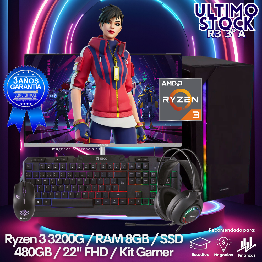 Ultimo Stock: Look Gamer Ryzen 3-3200G "A", RAM 8GB, SSD 480GB, Monitor 22″ FHD, Kit Gamer.