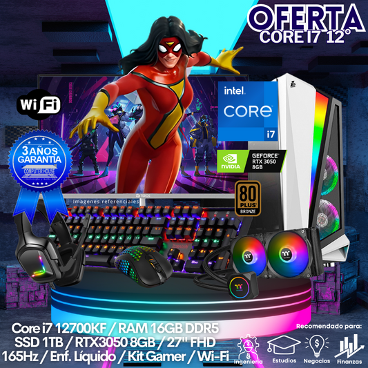 OFERTA: Xtreme Core i7-12700KF, RAM 16GB DDR5, SSD 1TB, Video RTX3050 8GB, Wi-Fi, Bluetooth, Enfriamiento Líquido, Monitor 27″ FHD 165Hz, Kit Gamer.