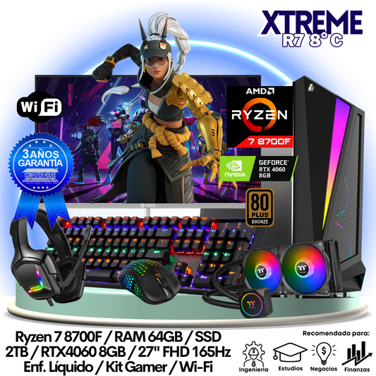 XTREME Ryzen 7-8700F "C", RAM 64GB, SSD 2TB, Video RTX4060 8GB, Wi-Fi, Enfriamiento Líquido, Monitor 27″ FHD 165Hz + Kit Gamer.