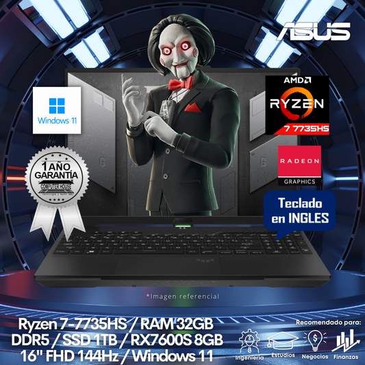 Laptop ASUS Tuf Dash FA617NT, Ryzen 7-7735HS, RAM 32GB DDR5, SSD 1TB, 16" FHD 165Hz, Video RX7600S 8GB, Windows 11.