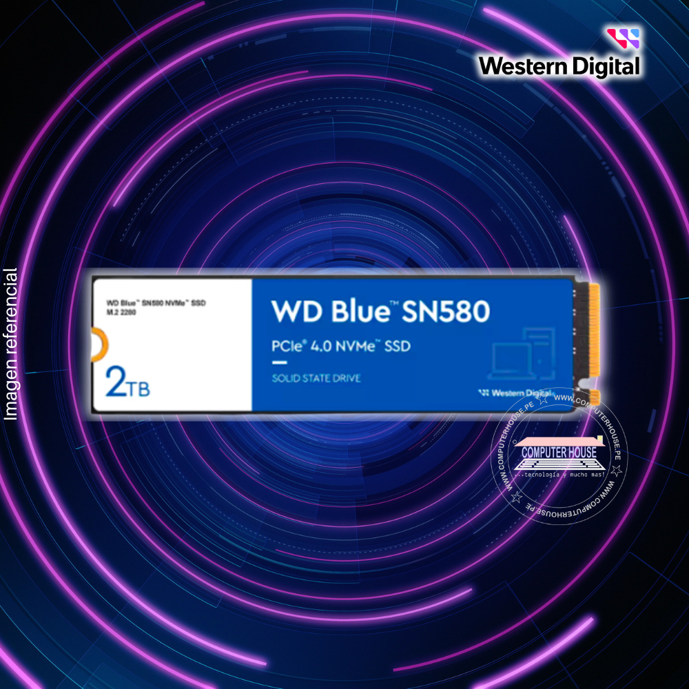 Disco Sólido SSD M.2 NVMe PCIe WESTERN DIGITAL 2TB, Blue SN580 (Lectura máxima 4150Mb/s, Escritura máxima 4150Mb/s).