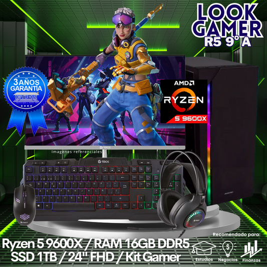 LOOK GAMER Ryzen 5-9600X "A", RAM 16GB DDR5, SSD 1TB, Wi-Fi, Enfriamiento Líquido, Monitor 24″ FHD, Kit Gamer.