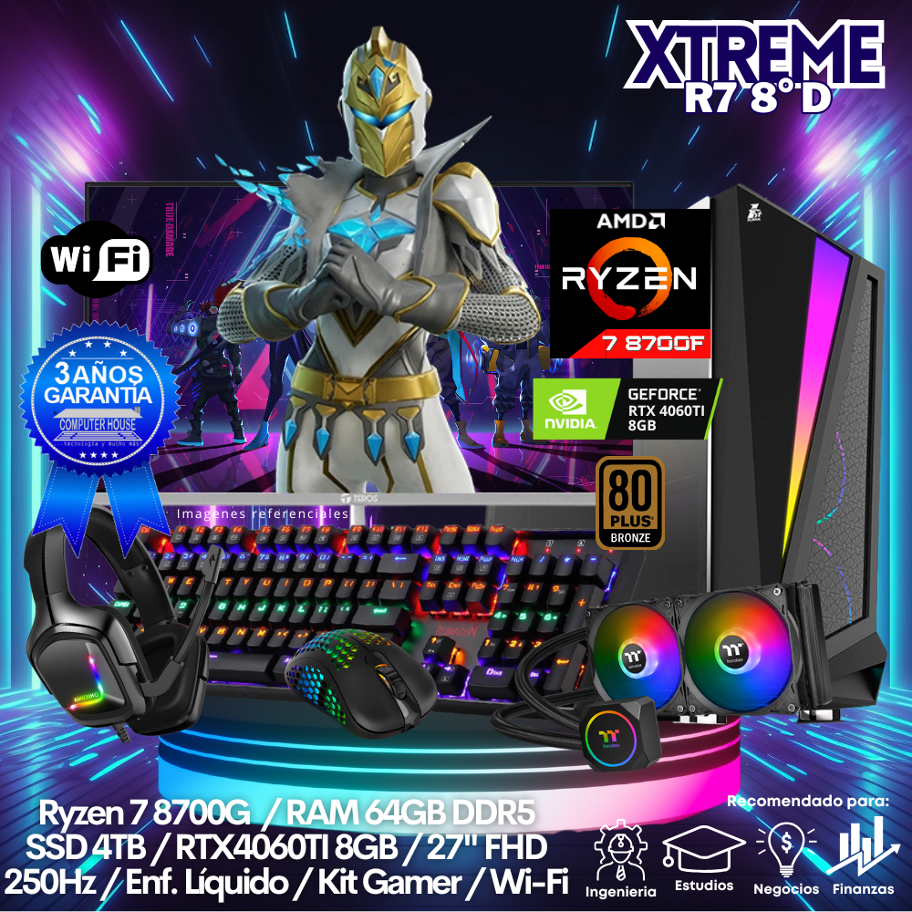 XTREME Ryzen 7-8700F "D", RAM 64GB DDR5, SSD 4TB, Video RTX4060TI 8GB, Wi-Fi, Enfriamiento Líquido, Monitor 27″ FHD 250Hz, Kit Gamer.