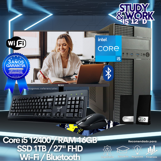 Desktop Core i5-12400 "D", RAM 16GB, SSD 1TB, Wi-Fi, Bluetooth, Monitor 27″ FHD, Kit Teclado + Mouse, Parlantes o Audífono.