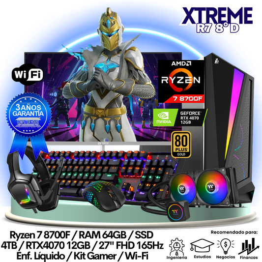 XTREME Ryzen 7-8700F "D", RAM 64GB, SSD 4TB, Video RTX4070 12GB, Wi-Fi, Enfriamiento Líquido, Monitor 27″ FHD 165Hz, Kit Gamer.
